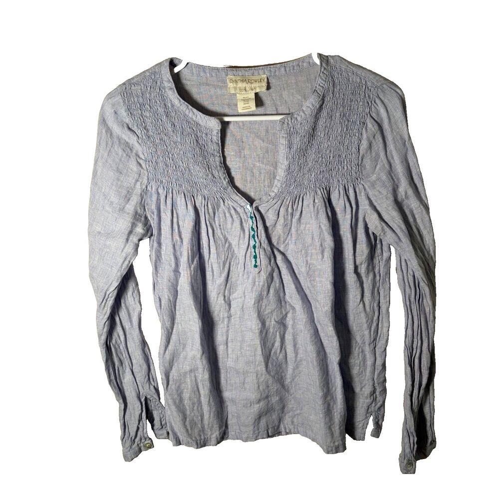 Cynthia Rowley Blouse Women's XS 100% Linen Blue Henley Long Sleeve Smocked